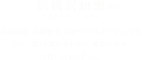 胡桃沢加恋（くるみざわかれん）(16)容姿端麗、成績優秀、何をやってもそつなくこなす。なのに誰とも馴れ合わない、孤高の少女。ただ一人をのぞいて。「ふふっ、これなんだか分かる？」