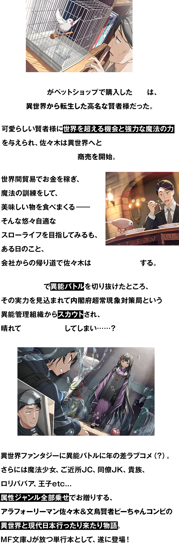 佐々木がペットショップで購入した文鳥は、異世界から転生した高名な賢者様だった。可愛らしい賢者様に世界を超える機会と強力な魔法の力を与えられ、佐々木は異世界へと現代の物品を持ち込んで商売を開始。世界間貿易でお金を稼ぎ、魔法の訓練をして、美味しい物を食べまくる――そんな悠々自適なスローライフを目指してみるも、ある日のこと、会社からの帰り道で佐々木は異能力者と遭遇する。賢者印の魔法で異能バトルを切り抜けたところ、その実力を見込まれて内閣府超常現象対策局という異能管理組織からスカウトされ、晴れて転職先が決定してしまい……？異世界ファンタジーに異能バトルに年の差ラブコメ（？）。さらには魔法少女、ご近所JC、同僚JK、貴族、ロリババア、王子etc...属性ジャンル全部乗せでお贈りする、アラフォーリーマン佐々木＆文鳥賢者ピーちゃんコンビの異世界と現代日本行ったり来たり物語。MF文庫Jが放つ単行本として、遂に登場！